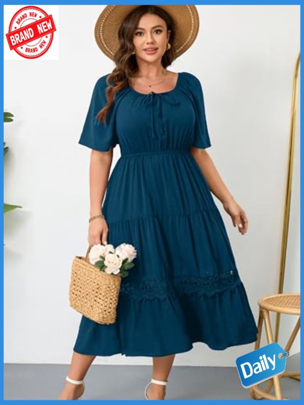 Plus Size Maxi Dress Ruffle Sleeve Square Neck Flowy A-Line Lace Trim - Picture 5 of 7